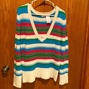 No Boundaries sweater, juniors size XL, blue, white, fuchsia horizontal stripes.